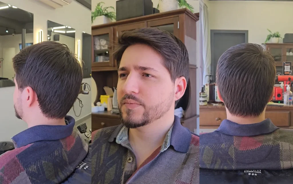 Corte social masculino com topo penteado para o lado e barba curta alinhada, feito na Apolo Barbearia
