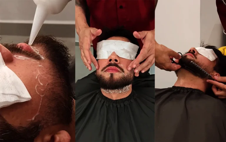 Barbeiro aparando a barba com tesoura e pente em atendimento para cuidar da barba na Apolo Barbearia
