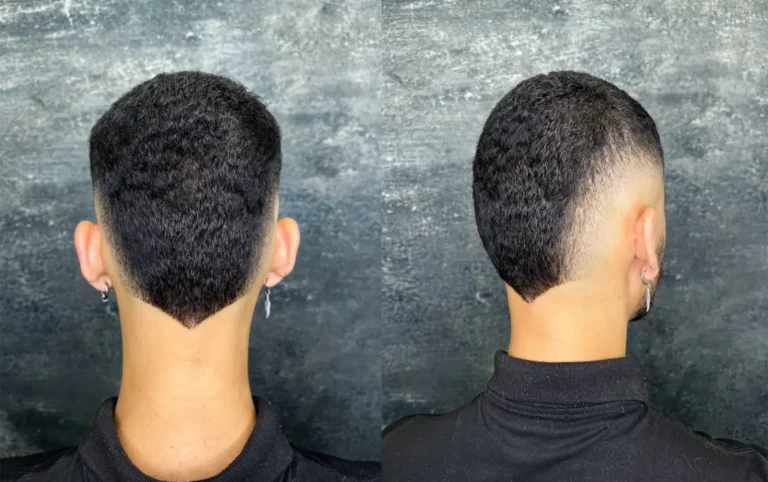 Fade técnico com linhas bem demarcadas e finalização em V na nuca, feito na Apolo Barbearia